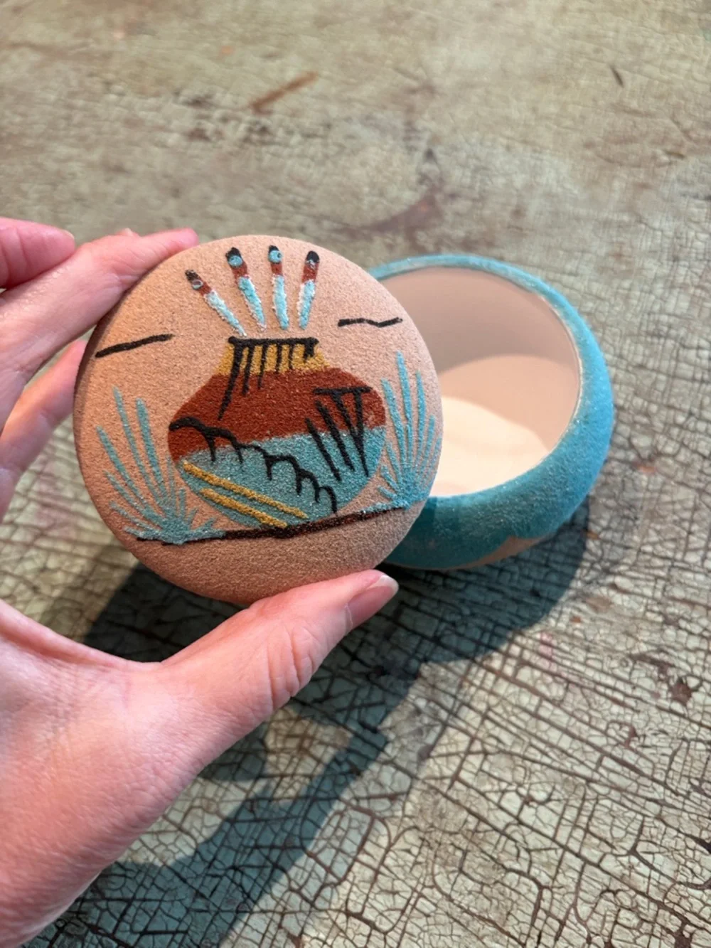 Southwestern Sand Painted Trinket Box Lidded Pottery Desert Scene